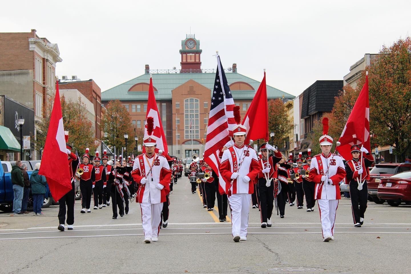 2022 St. Johns Marching Band in parade on Main Street.